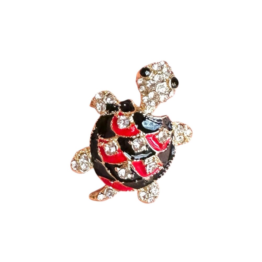 Vintage jewelry Rhinestone turtle brooch red black and gold turtle pin sparkly